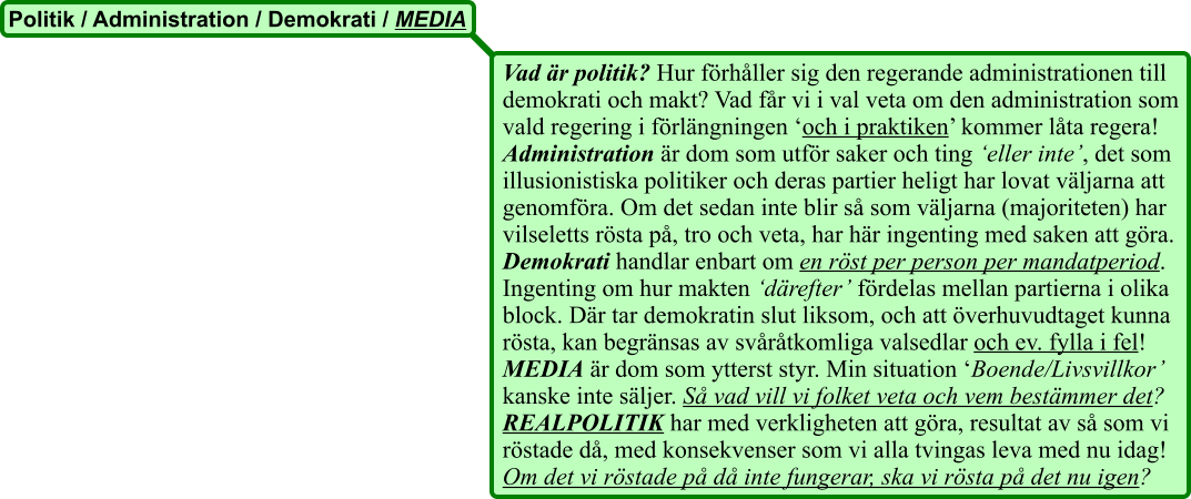 Vad är politik? Hur förhåller sig den regerande administrationen till demokrati och makt? Vad får vi i val veta om den administration som vald regering i förlängningen ‘och i praktiken’ kommer låta regera! Administration är dom som utför saker och ting ‘eller inte’, det som illusionistiska politiker och deras partier heligt har lovat väljarna att genomföra. Om det sedan inte blir så som väljarna (majoriteten) har vilseletts rösta på, tro och veta, har här ingenting med saken att göra. Demokrati handlar enbart om en röst per person per mandatperiod. Ingenting om hur makten ‘därefter’ fördelas mellan partierna i olika block. Där tar demokratin slut liksom, och att överhuvudtaget kunna rösta, kan begränsas av svåråtkomliga valsedlar och ev. fylla i fel! MEDIA är dom som ytterst styr. Min situation ‘Boende/Livsvillkor’ kanske inte säljer. Så vad vill vi folket veta och vem bestämmer det? REALPOLITIK har med verkligheten att göra, resultat av så som vi röstade då, med konsekvenser som vi alla tvingas leva med nu idag! Om det vi röstade på då inte fungerar, ska vi rösta på det nu igen?    Politik / Administration / Demokrati / MEDIA