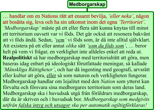 … handlar om en Nations rätt att ensamt bevilja, ‘eller neka’, någon att bosätta sig, leva och ha sin utkomst inom det egna ‘Territoriet’. ‘Medborgarskap’ måste på ett eller flera sätt kunna knytas till minst ett territorium oavsett var vi föds. Det går också att resonera bakvänt att vi föds ändå. Sedan, ‘vem’ vi föds som, är då inte alltid självklart. Att existera på ett eller annat olika sätt ‘som du föds som’, … beror helt på vem vi frågar, en verklighet inte alldeles enkel att reda ut. Realpolitiskt så har medborgarskap med territorialrätt att göra, men baseras idag enbart på ideologiskt förutfattade meningar, så kallade ‘Mänskliga Rättigheter’, och har då ingenting med geografi, arvsrätt eller kultur att göra, eller så som naturen och verkligheten fungerar. Medborgarskap handlar om lojalitet med den Nation som ytterst kan förvalta och försvara sina medborgares territorium som deras land. Medborgarskap ska i huvudsak utgå från föräldrars medborgarskap, där du är skriven och i huvudsak bor. Medborgarskap som medgivits utifrån falska intyg och utsagor ska per automatik ogiltigförklaras!  Medborgarskap