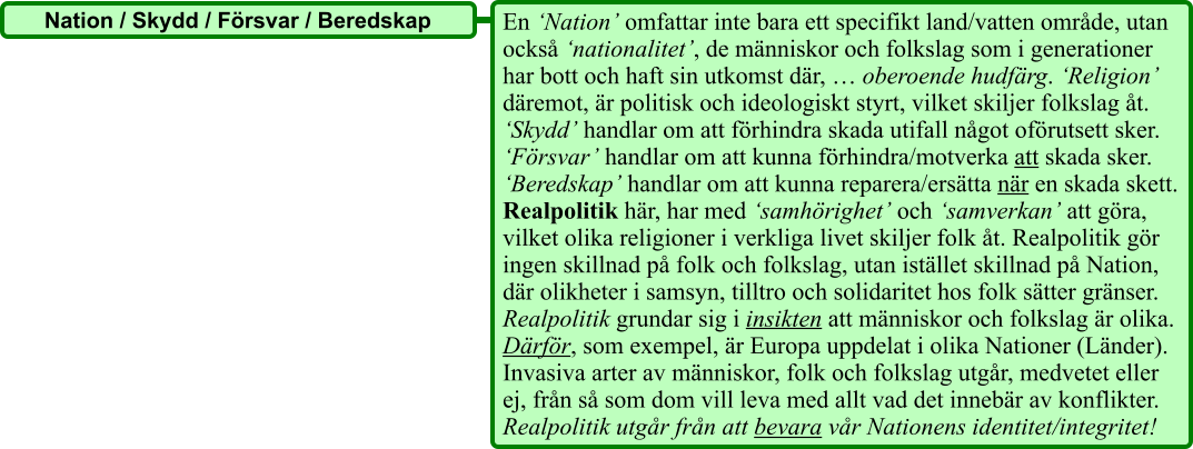 En ‘Nation’ omfattar inte bara ett specifikt land/vatten område, utan också ‘nationalitet’, de människor och folkslag som i generationer har bott och haft sin utkomst där, … oberoende hudfärg. ‘Religion’ däremot, är politisk och ideologiskt styrt, vilket skiljer folkslag åt. ‘Skydd’ handlar om att förhindra skada utifall något oförutsett sker. ‘Försvar’ handlar om att kunna förhindra/motverka att skada sker. ‘Beredskap’ handlar om att kunna reparera/ersätta när en skada skett. Realpolitik här, har med ‘samhörighet’ och ‘samverkan’ att göra, vilket olika religioner i verkliga livet skiljer folk åt. Realpolitik gör ingen skillnad på folk och folkslag, utan istället skillnad på Nation, där olikheter i samsyn, tilltro och solidaritet hos folk sätter gränser. Realpolitik grundar sig i insikten att människor och folkslag är olika. Därför, som exempel, är Europa uppdelat i olika Nationer (Länder). Invasiva arter av människor, folk och folkslag utgår, medvetet eller ej, från så som dom vill leva med allt vad det innebär av konflikter. Realpolitik utgår från att bevara vår Nationens identitet/integritet!  Nation / Skydd / Försvar / Beredskap