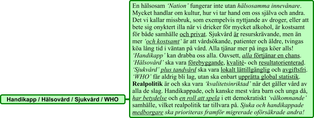 En hälsosam ‘Nation’ fungerar inte utan hälsosamma innevånare. Mycket handlar om kultur, hur vi tar hand om oss själva och andra. Det vi kallar missbruk, som exempelvis nyttjande av droger, eller att bete sig onyktert illa när vi dricker för mycket alkohol, är kostsamt för både samhälle och privat. Sjukvård är resurskrävande, men än mer ‘och kostsamt‘ är att vårdsökande, patienter och äldre, tvingas köa lång tid i väntan på vård. Alla tjänar mer på inga köer alls! ‘Handikapp’ kan drabba oss alla. Oavsett, alla förtjänar en chans. ‘Hälsovård’ ska vara förebyggande, kvalité- och resultatorienterad. ‘Sjukvård’ plus tandvård ska vara lokalt lättillgänglig och avgiftsfri. ‘WHO’ får aldrig bli lag, utan ska enbart upprätta global statistik. Realpolitik är och ska vara ‘kvalitetsinriktad’ när det gäller vård av alla de slag. Handikappade, och kanske mest våra barn och unga då, har betydelse och en roll att spela i ett demokratiskt ‘välkomnande’ samhälle, vilket realpolitik tar tillvara på. Sjuka och handikappade medborgare ska prioriteras framför migrerade oförsäkrade andra!   Handikapp / Hälsovård / Sjukvård / WHO